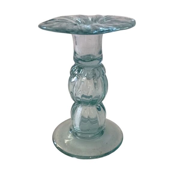 Hand Blown Art Glass Candlestick Holder Taper SINGLE ICY Blue Mexico Beachy Vtg. - Picture 6 of 13